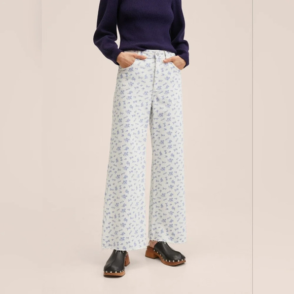 Mango Denim - Wide-Leg Floral Print Jeans - White with Blue Floral